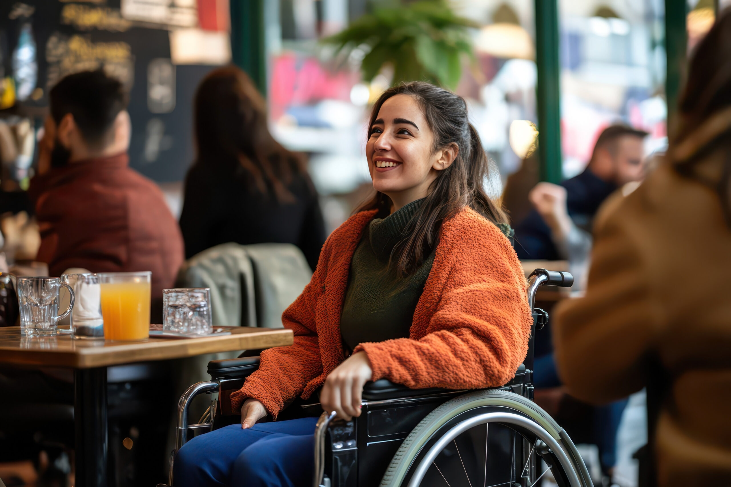 imagem de uma mulher jovem em uma cadeira de rodas. Ela está em frente a mesa de um restaurante vestindo um casaco vermelhor e uma calça azul, ao fundo aparecem mais pessoas nas mesas do restaurante.